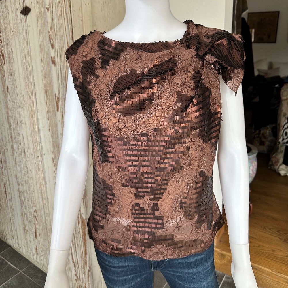 EVA FRANCO LACE AND SEQUIN BOW SHOULDER TOP